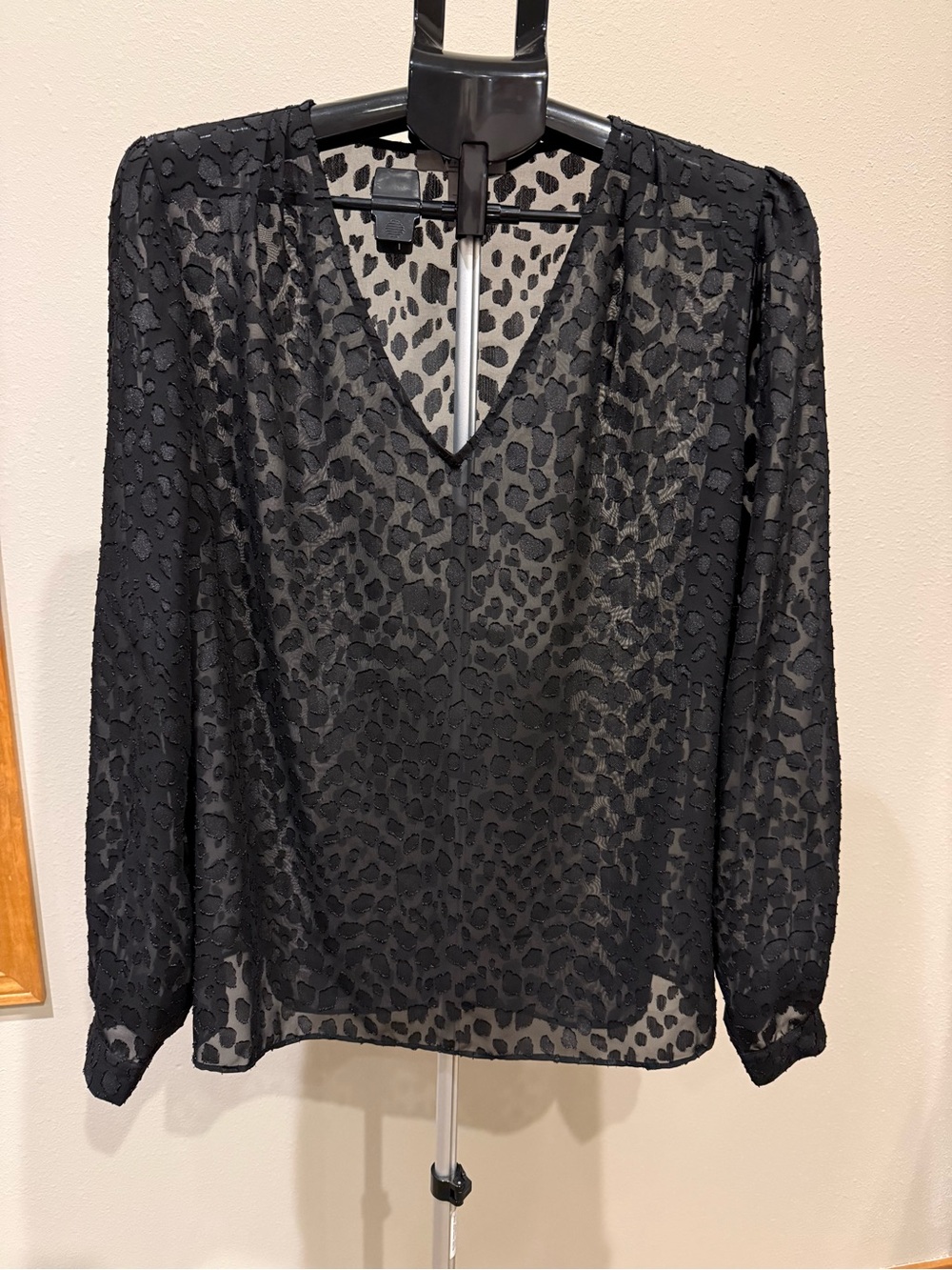 White House Black Market Black Sheer Leopard-Texture V-Neck Blouse